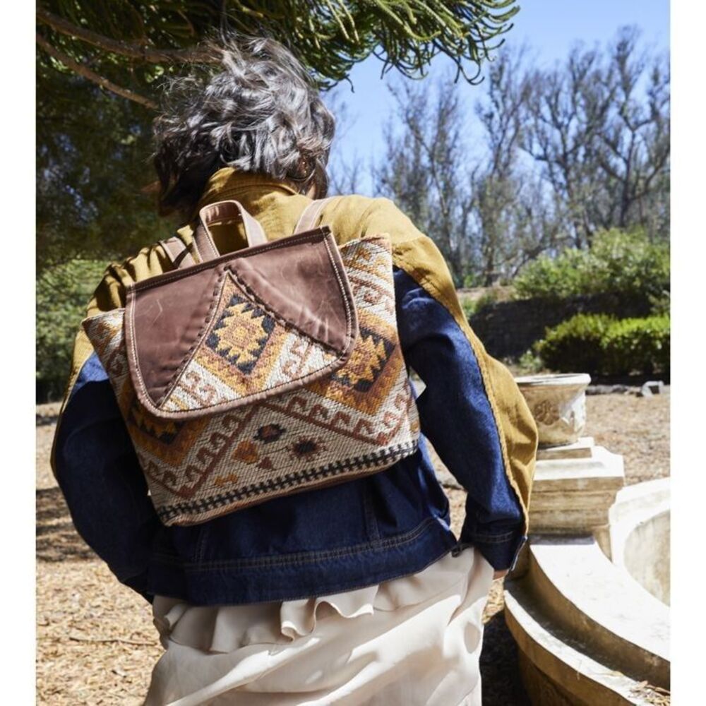 Myra Bag Handmade Terreous  Backpack Upcycled Canvas & Cowhide Leather - Picture 9 of 9